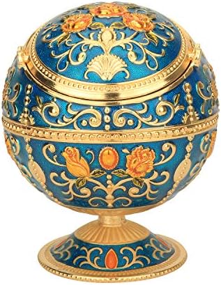 Zinc Alloy Ashtray with Lid Blue-Gold Rose Design