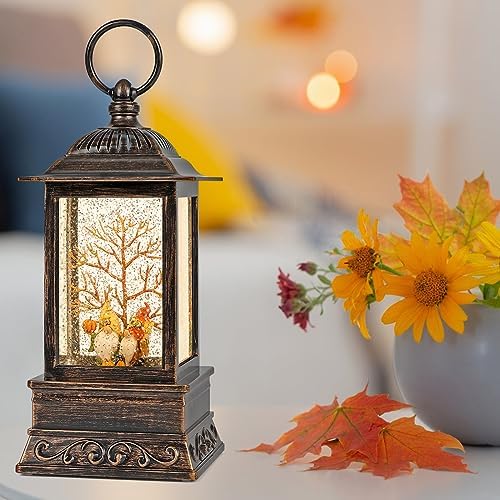 Fall Snow Globe Gnome Lantern with Glitter Light