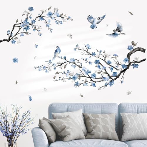 Decalmile Watercolor Blue Flower Branch Wall Decals