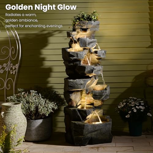 58 Inch Outdoor Garden Water Fountain with LED Lights and 6 Tiers
