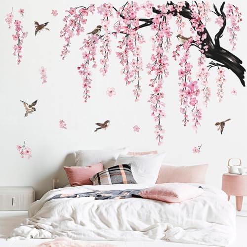 Wondever Pink Cherry Blossom Wall Sticker Tree Branch Art Decal