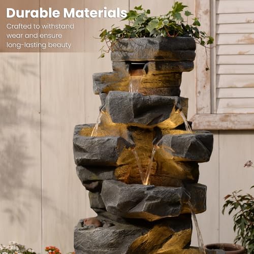 58 Inch Outdoor Garden Water Fountain with LED Lights and 6 Tiers