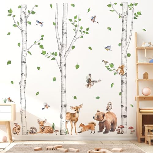 Wondever Large Birch Tree Animals Wall Stickers