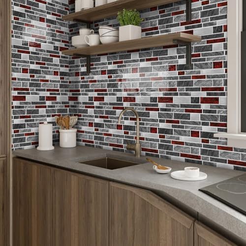 Alwayspon 10 Sheets Black and Red Marble Vinyl Wall Tiles Peel and Stick