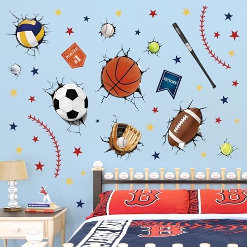 3D Sports Balls Wall Decals Basketball Football Soccer Tennis Wall Stickers