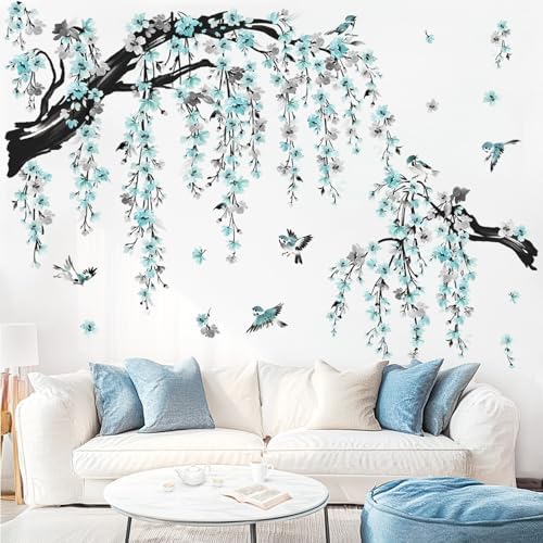 Wondever Large Blue Blossom Tree Branch Wall Stickers