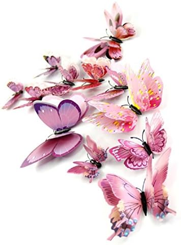 12PCS Mixed 3D Pink Butterfly Wall Stickers Decor Art