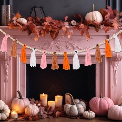 Whaline Halloween Ghost Garland Tassel with Wood Beads