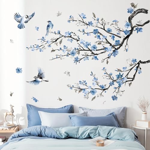 Decalmile Watercolor Blue Flower Branch Wall Decals