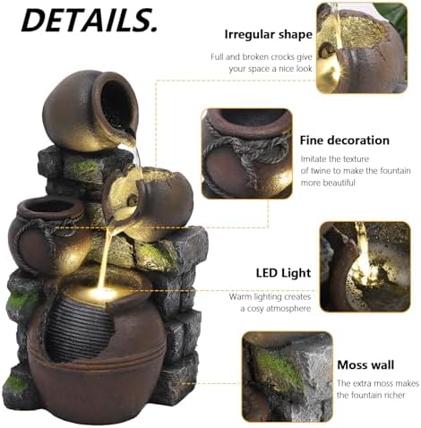 TITIMO Outdoor Water Fountain with Flower Pot and Lights