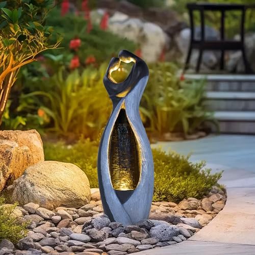 Modernist Embracing Couple Fountain with LED Lights 319H Gray