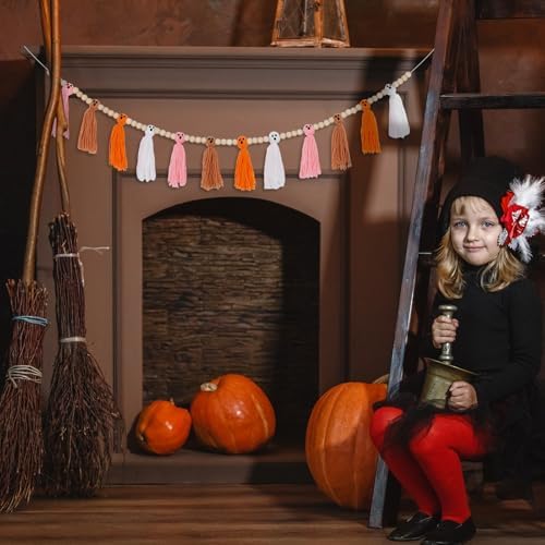 Whaline Halloween Ghost Garland Tassel with Wood Beads