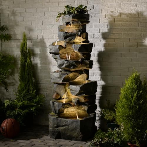 58 Inch Outdoor Garden Water Fountain with LED Lights and 6 Tiers