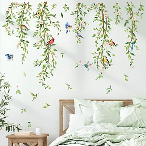 Hanging Vine Wall Decals with Birds and Green Leaves
