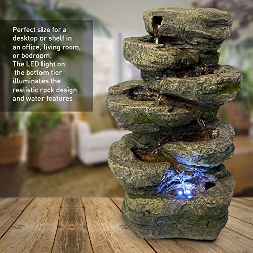 6-Tier Stone and Bark Tabletop Water Fountain with LED Lights