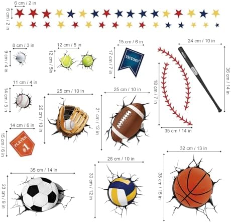 3D Sports Balls Wall Decals Basketball Football Soccer Tennis Wall Stickers
