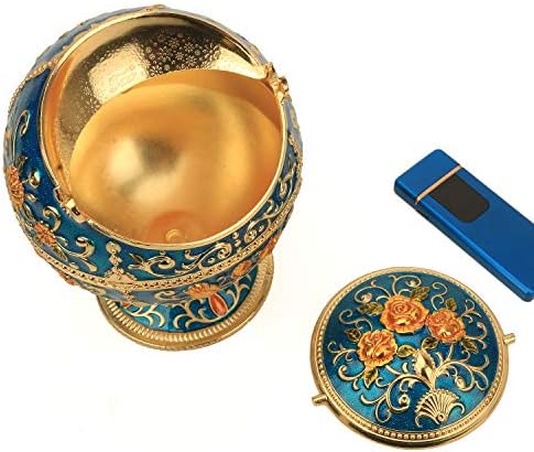 Zinc Alloy Ashtray with Lid Blue-Gold Rose Design