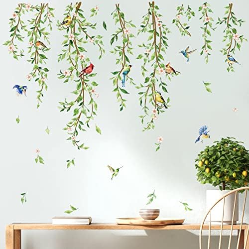 Hanging Vine Wall Decals with Birds and Green Leaves