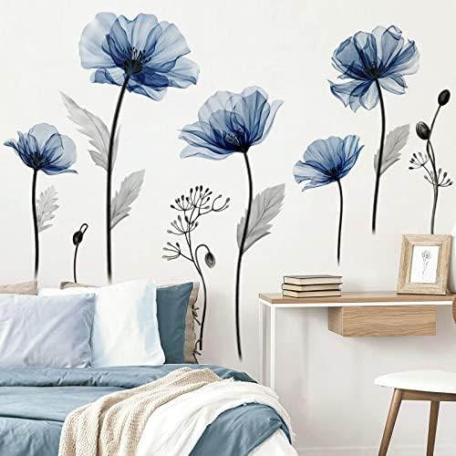decalmile Large Blue Flower Wall Decals for Bedroom Living Room Kitchen