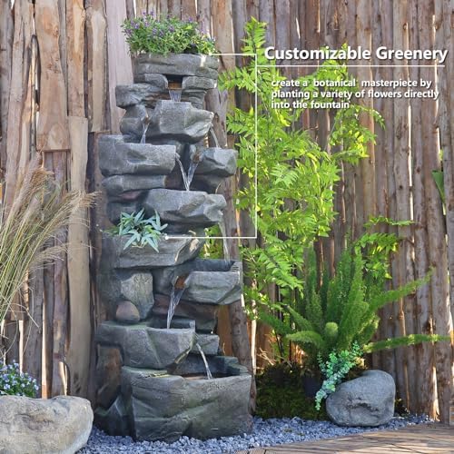 58 Inch Outdoor Garden Water Fountain with LED Lights and 6 Tiers