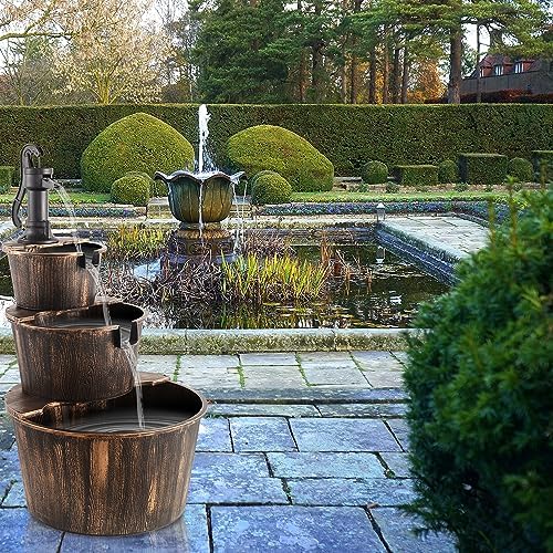 YI 40-Inch 3 Tier Barrel Waterfall Fountain Outdoor Rustic