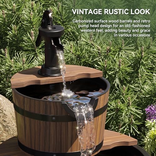Aoxun 2-Tier Outdoor Water Fountain with Wood Barrel and Electric Pump