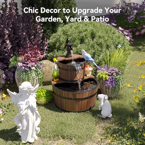 Aoxun 2-Tier Outdoor Water Fountain with Wood Barrel and Electric Pump