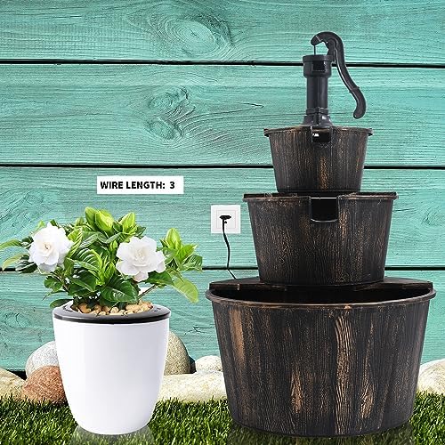 YI 40-Inch 3 Tier Barrel Waterfall Fountain Outdoor Rustic