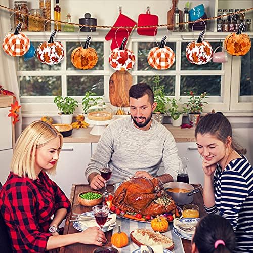 12 Pcs Fall Thanksgiving Hanging Pumpkin Ornament with Maple Leaf Gingham Fabric