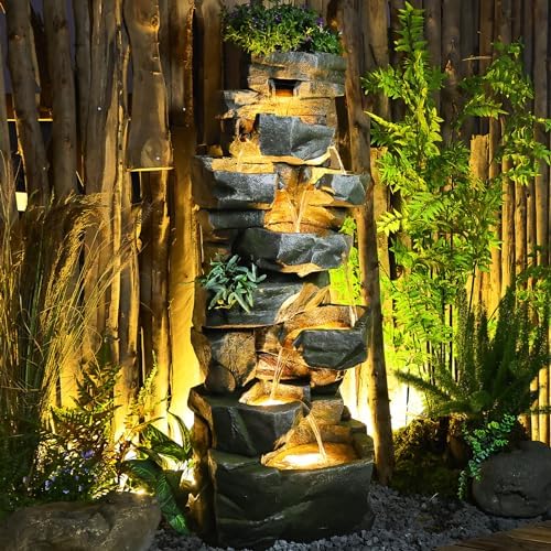 58 Inch Outdoor Garden Water Fountain with LED Lights and 6 Tiers