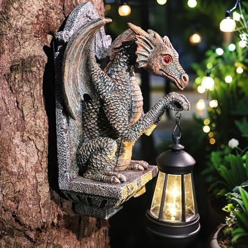 Dragon Statue Solar Lantern for Garden Decor Antique Bronze